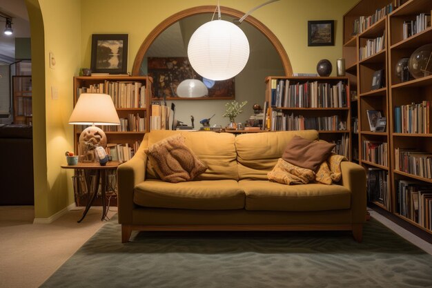 Das Wohnzimmer hat ein offenes Layout und verfügt über eine Couch-Teppichlampe und ein Bücherregal