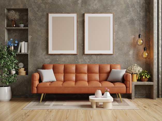 Das wohnzimmer hat ein orangefarbenes ledersofa und einen plakatrahmen, der an einer betonwand verspottet ist