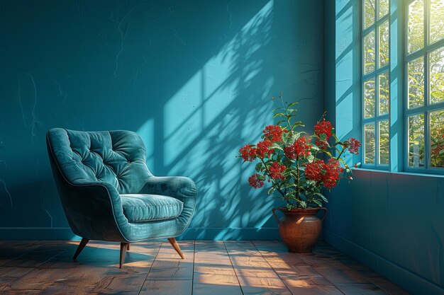 Foto das wohnzimmer ist in blauer farbe mit gemütlichen luxuriösen sesseln dekoriert