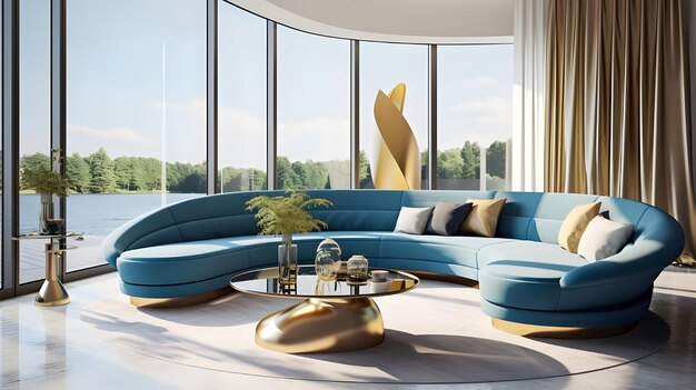 Foto das wohnzimmer mit einer modernen blauen couch vor einem fenster im stil von kurvenartigen formen