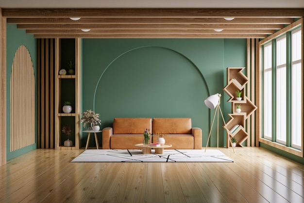 Foto das wohnzimmer mit grüner wand ist mit einem orangefarbenen ledersofa und minimaler dekoration ausgestattet