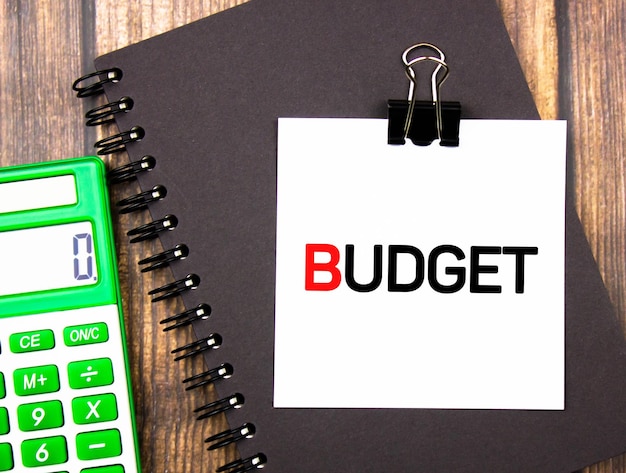 Das Wort BUDGET neben dem Taschenrechner auf dem TischBudgetplanungsausgabenFinanzbudgetkonzept