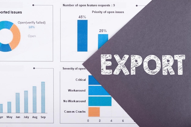 Das Wort EXPORT steht auf einem grauen Hintergrund mit Diagrammen und Grafiken