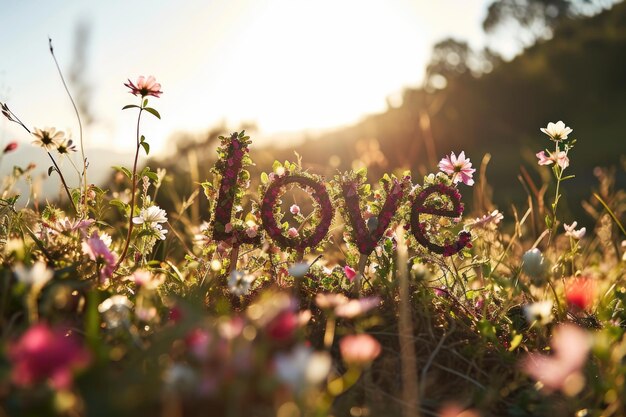 Das Wort "liebe" mit lebendigen Blumen gegen einen sanften Sonnenuntergang in einer friedlichen Wiese geschrieben