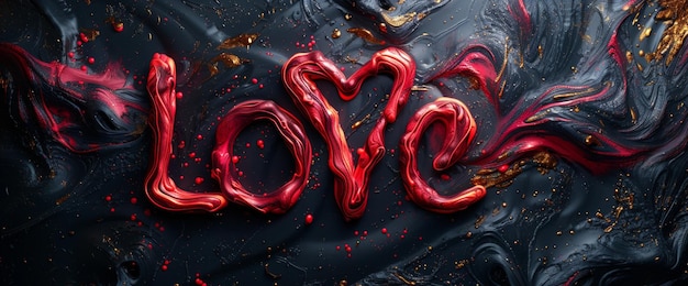 Das Wort "Liebe" wird am Valentinstag auf schwarzem Hintergrund geschrieben.