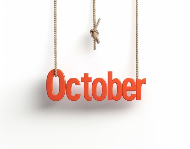 Das Wort Oktober geschrieben in fettroten Buchstaben einzeln hängend an einem rustikalen Seil Seil in Knoten gebunden in der Luft auf einem sauberen weißen Hintergrund