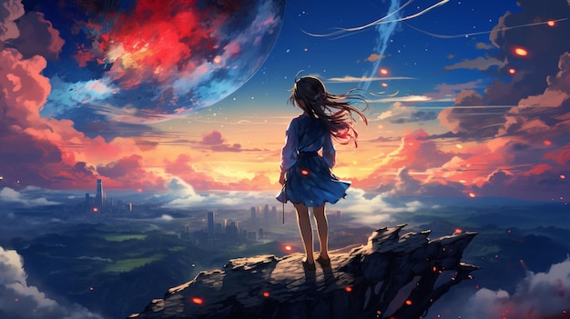 Foto das wunderbarste anime-mädchen, das farbenfrohe himmel sieht, malt bilder, ki-generierte kunst