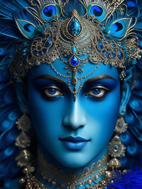 Das wunderschöne blaue komplexe runde Gesicht von Lord Krishna