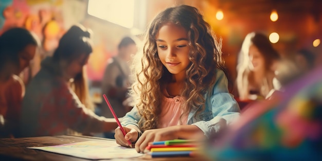 Das Zeichnen mit Buntstiften eines jungen Mädchens in der Schule drückt ihre Kreativität aus. Generative KI