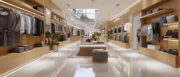 Das zeitgenössische und stilvolle Interieur eines Bekleidungsgeschäfts, das sich in einem Einkaufszentrum befindet, spiegelt