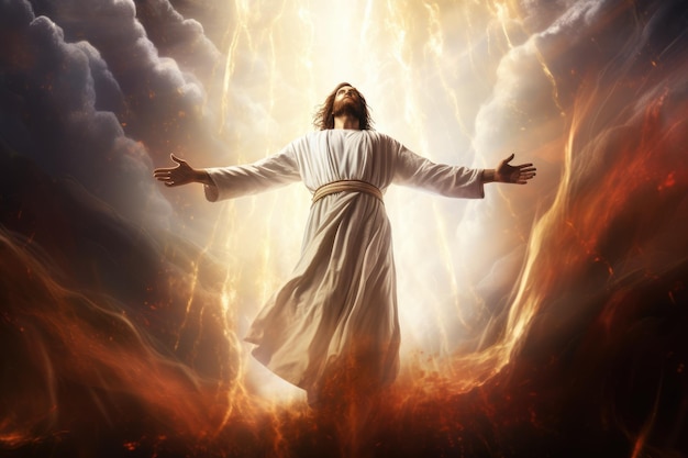 Das Zweite Kommen Jesu Christi Aufstieg Jesu in den Wolken Zweites Kommen des Christentums Ostern Glauben Christentum Ai erzeugt