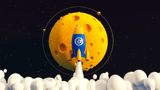 Dash To The Moon. Ilustración 3d de Crypto Rocket.