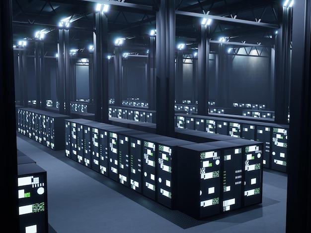 Data center de armazenamento de informações com racks de servidores, corredor com tecnologia disruptiva e banco de dados de hardware. Luzes piscando na moderna sala de servidores, sistema tecnológico. Animação de renderização 3D.