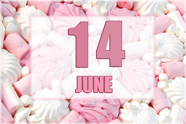 Foto data do calendário no fundo de marshmallows brancos e rosa 14 de junho é o décimo quarto dia do mês