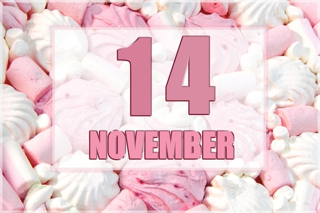 Data do calendário no fundo de marshmallows brancos e rosa 14 de novembro é o décimo quarto dia do mês