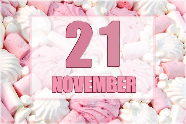 Foto data do calendário no fundo de marshmallows brancos e rosa 21 de novembro é o vigésimo primeiro dia do mês