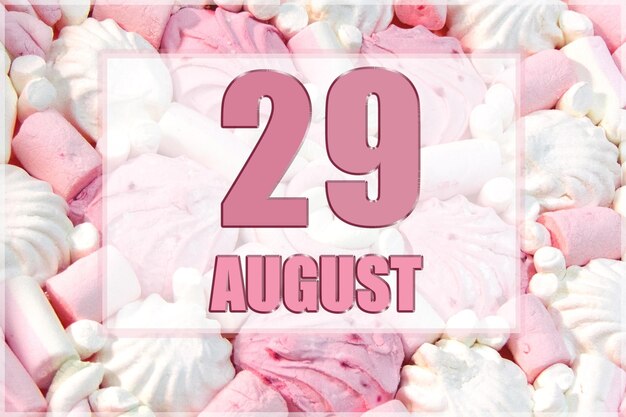 Data do calendário no fundo de marshmallows brancos e rosa 29 de agosto é o vigésimo nono dia do mês