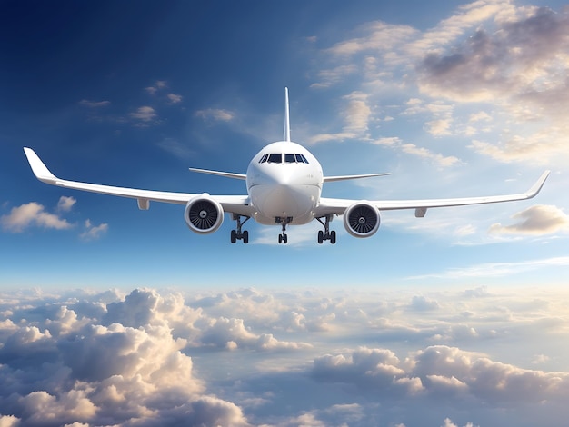Data orçamento e horário de voo de avião comercial voando através das nuvens no skydesign