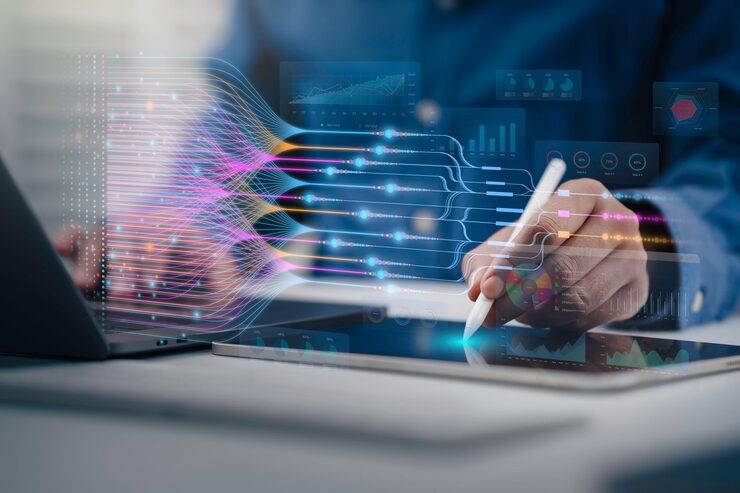 Data science and big data technology Scientist computing analysis and visualizing complex data set on computer for business analyticsartificial intelligence machine learning Data mining