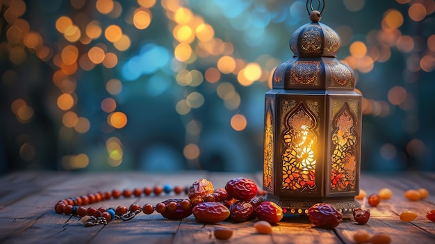 Datas lanterna árabe e rosário feriados islâmicos conceito decoração do Ramadan