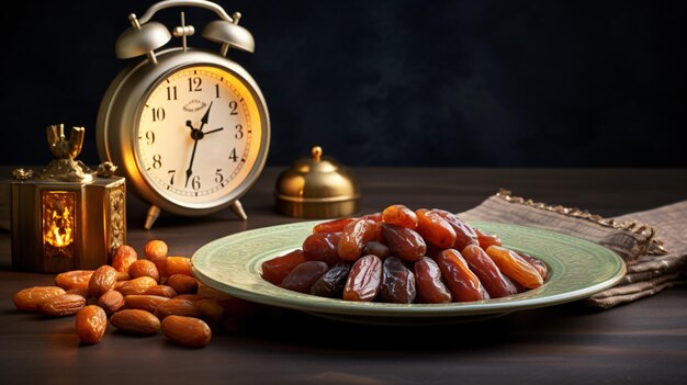 Foto date fruits on plate alarm clock showing