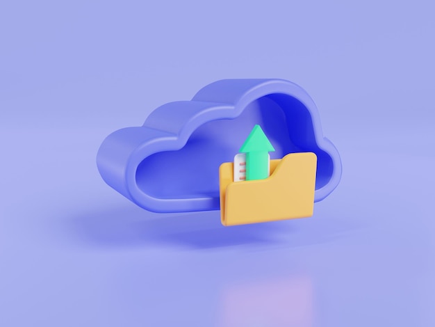 Dateiordner auf Cloud-Computing hochladen Dateifreigabe und Zusammenarbeit Dateninformationen Cloud-Speicher Computerordner hochladen Datenwolke hochladen 3D-Symbol-Rendering-Illustration auf violettem Hintergrund