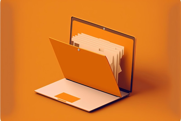 Dateiordner auf dem Laptopbildschirm, orangefarbener Hintergrund. AI digitale Illustration