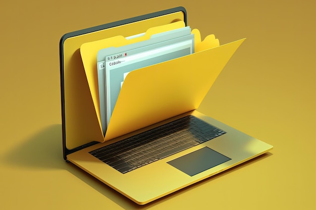 Dateiordner auf Laptop-Bildschirm, gelber Hintergrund, generative KI