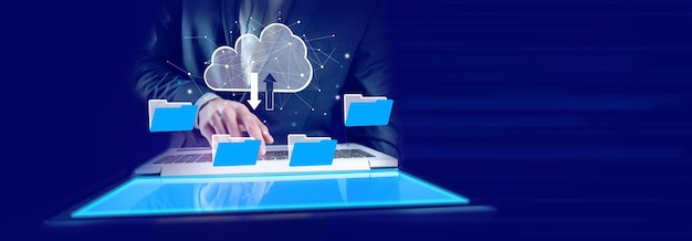 Dateiübertragungsprotokoll oder FTP-Digitalsystem zur Übertragung von Dokumenten, Dateiempfänger und Computer-Sicherungskopie, Cloud-Computing-Systemkonzept