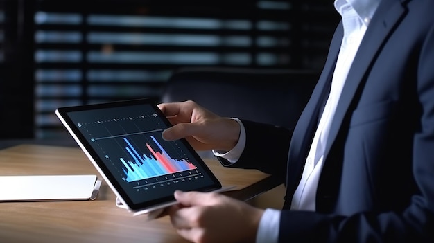 Datenanalyse Hologramm auf Tablet Geschäftsmann, der Datenanalyse betrachtet Investor, der Gewinnanteil erhöht Börsenbericht Sitzung oder Diskussion von Grafiken und Diagrammen im Büro