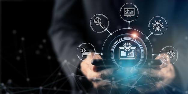 Datenanalyse-Visualisierungskonzept Ein Fachmann verwendet einen Computer, der Datenanalyse, KI und verschiedene Datenmanagement-Tools darstellt, um Technologie in die Datenanalyse und Entscheidungsfindung zu integrieren