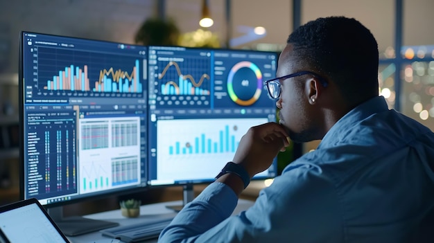 Datenanalyst arbeitet am Analytics-Dashboard, beschäftigt sich mit Geschäftsanalysen einschließlich KPIs