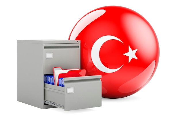 Datenbank in der Türkei Konzept Ordner im Archiv mit türkischer Flagge 3D-Rendering isoliert auf weißem Hintergrund