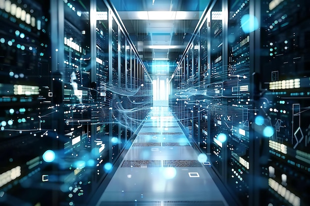 Datennetzkonzept-Serverraum mit abstrakten Linien und Lichtern