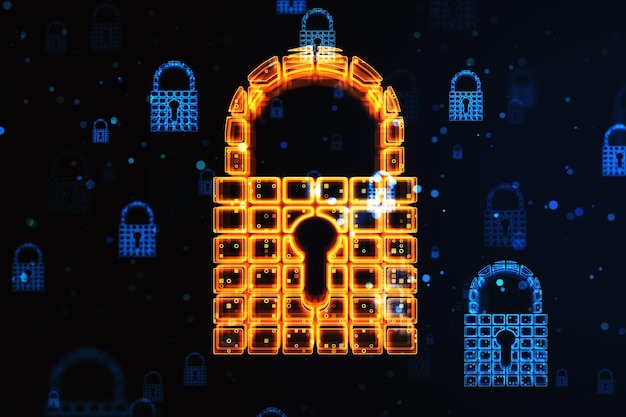 Datenschutz- und Cybersicherheitskonzept mit digital leuchtendem Schloss mit Schlüssellochzeichen auf abstraktem dunklem technologischem Hintergrund 3D-Rendering