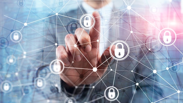 Datenschutzkonzept für Cybersicherheitsinformationen auf modernem Serverraumhintergrund Konzept für Internet und digitale Technologie