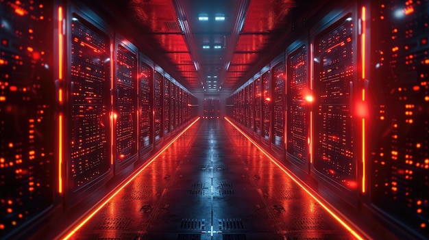Datenserver, die in einem dunklen Raum leuchten, Technologie-Infrastrukturkonzept