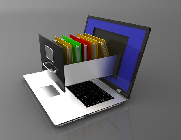 Datenspeicher. Laptop und Aktenschrank. 3D-Illustration