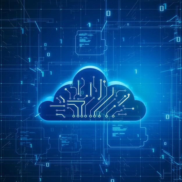 Datenverarbeitungstechnologie, Datenspeicherung und Datenverarbeitungskonzept mit digitalem Cloud-Symbol mit Schaltplan auf dunkelblauem, abstraktem Matrix-Technologiehintergrund, 3D-Rendering
