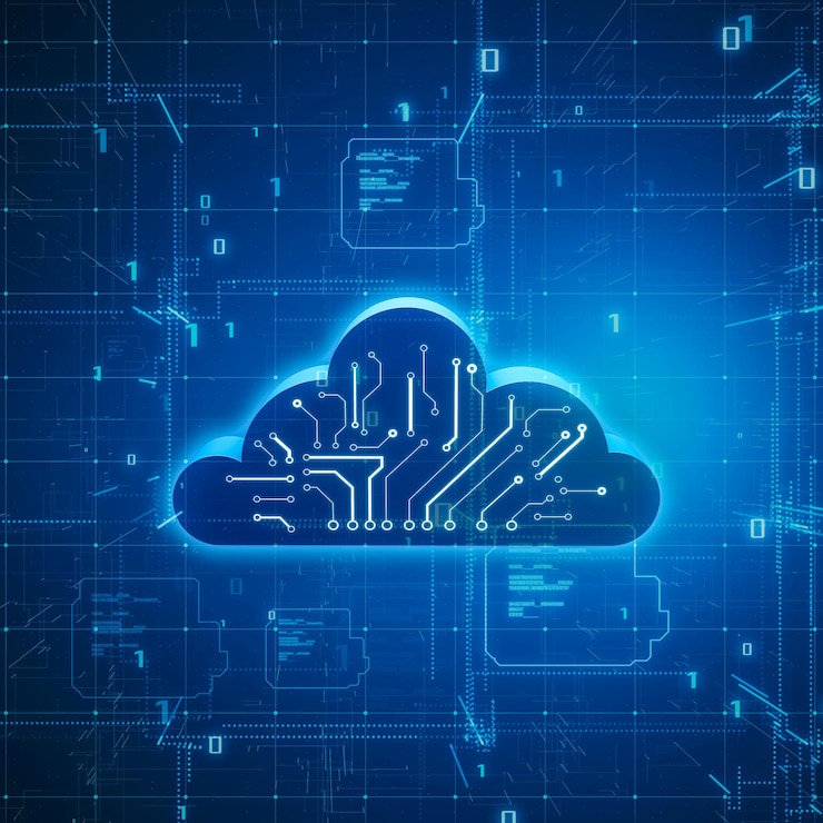 Foto datenverarbeitungstechnologie, datenspeicherung und datenverarbeitungskonzept mit digitalem cloud-symbol mit schaltplan auf dunkelblauem, abstraktem matrix-technologiehintergrund, 3d-rendering