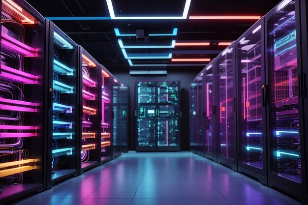 Foto datenzentrum serverraum netzwerkkommunikation farbenfrohe neon-server-racks und telekommunikationsgeräte optische faser in einem cutting-edge-technologie-hintergrund