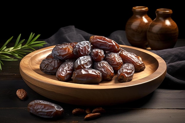 Dates dulces en una placa de arcilla sobre azulejos de piedra y fondo de madera