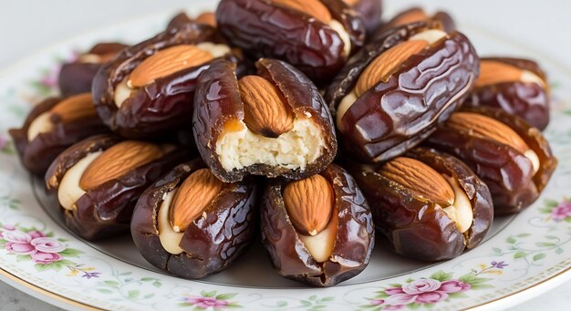 Dates rellenados con almendras en un plato de flores