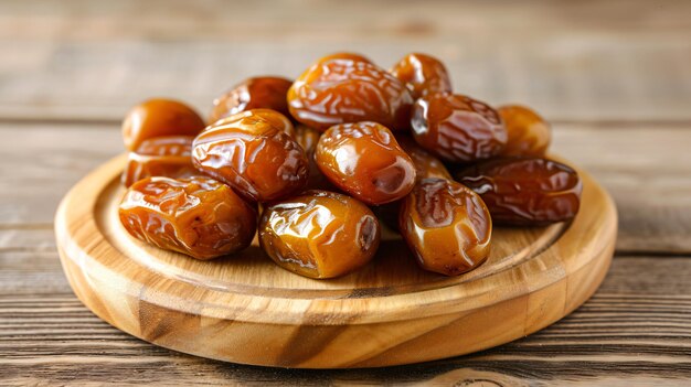 Dates secos amarillos aislados en un plato de madera