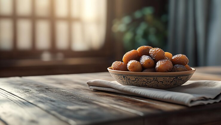 Dates secos en un cuenco en una mesa de madera la luz del sol a través de la ventana