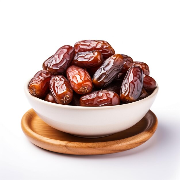 Dates secos dulces en un cuenco sobre un fondo blanco