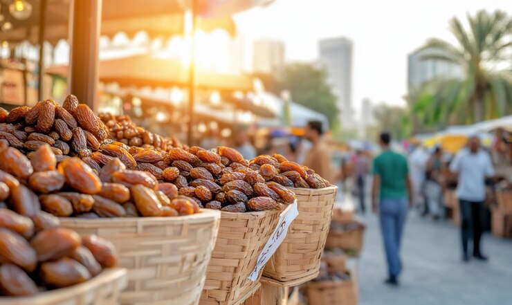 Dates secos en el mercado en un día soleado