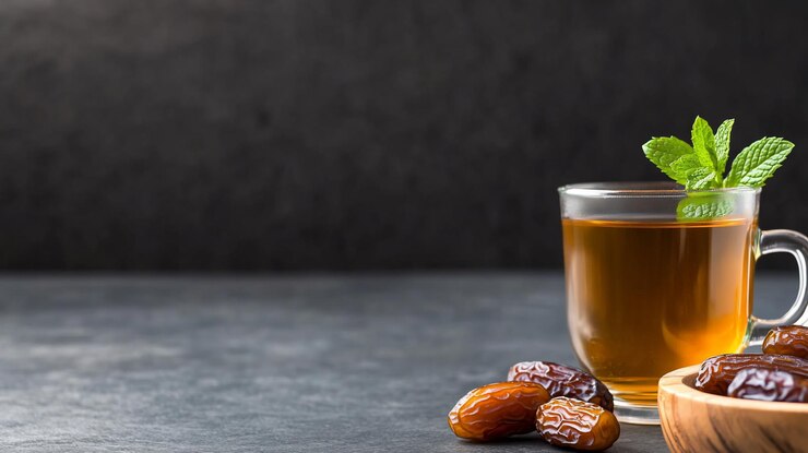 Dates secos y té en superficie oscura