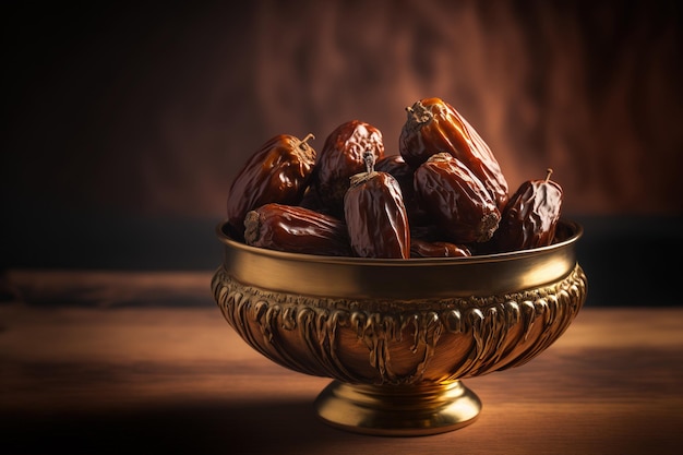 Los dátiles en un recipiente de cobre se muestran de cerca contra un fondo de mesa de madera Los dátiles son un refrigerio saludable hecho de fruta de palma