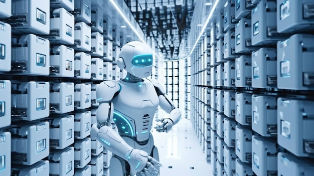 Los datos se almacenan en línea mediante un robot huminoide de IA que utiliza tecnologías de computación en la nube. La IA generativa y el aprendizaje automático se utilizan para examinar una idea futurista de almacenamiento de información en la nube.